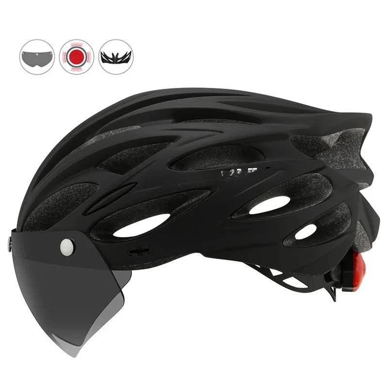 Casco de bicicleta Casco de seguridad para exteriores Casco de bicicleta con lente y ala Luz trasera (CB-26) Accesorios para motocicletas y bicicletas de montaña 