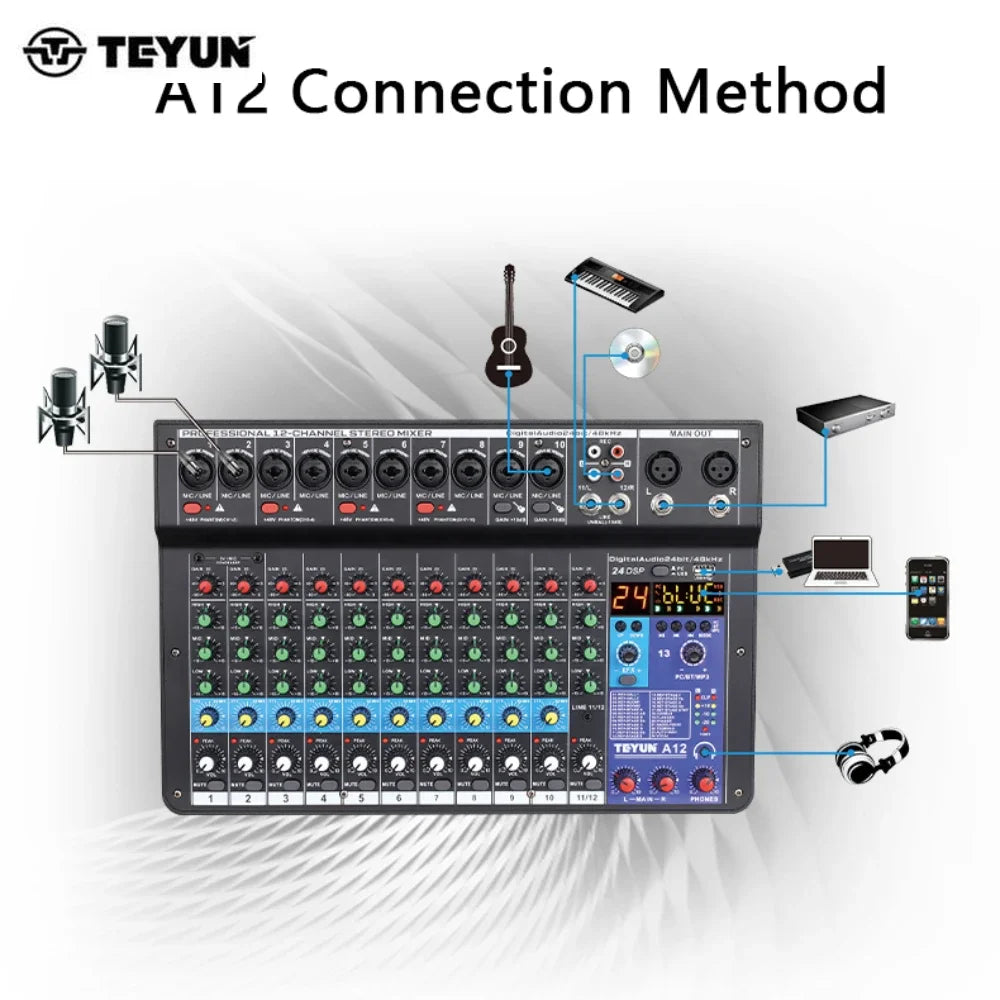 TEYUN A12 Channel Audio Mixer Professional Portable Mixer Sound Table Board Digital MP3 Computer Input 48v Power Number A6 A8 Leedoar