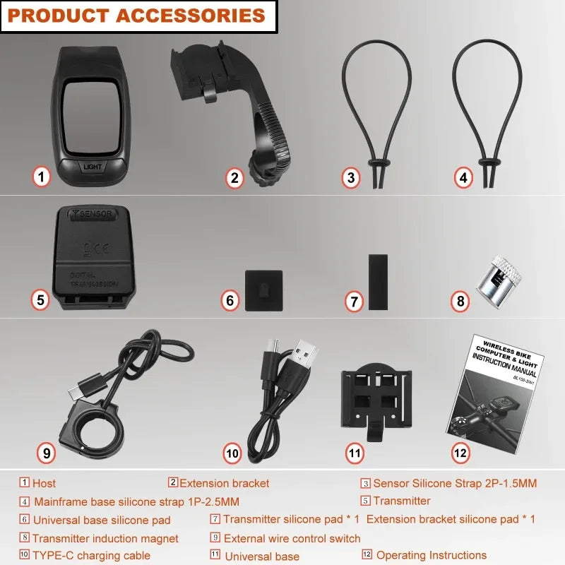 Computadora para bicicleta recargable por USB, velocímetro, odómetro, luz para bicicleta 3 en 1, computadora para bicicleta inalámbrica y timbre para bicicleta