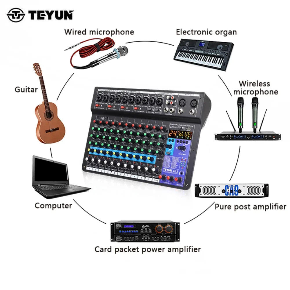 TEYUN A12 Channel Audio Mixer Professional Portable Mixer Sound Table Board Digital MP3 Computer Input 48v Power Number A6 A8 Leedoar