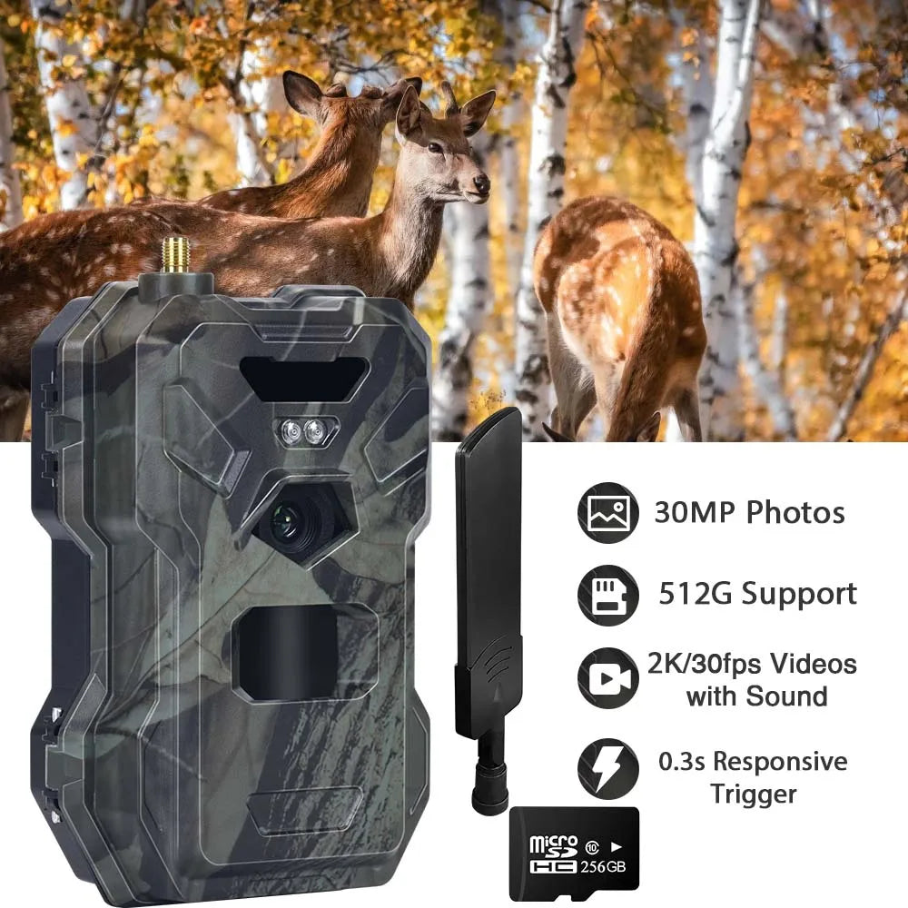 4G 30MP 2K Outdoor Hunting Trail Camera with APP Control Night Vision Trap Game 120° Wireless Cellular Wildlife Cam with TF Card Leedoar