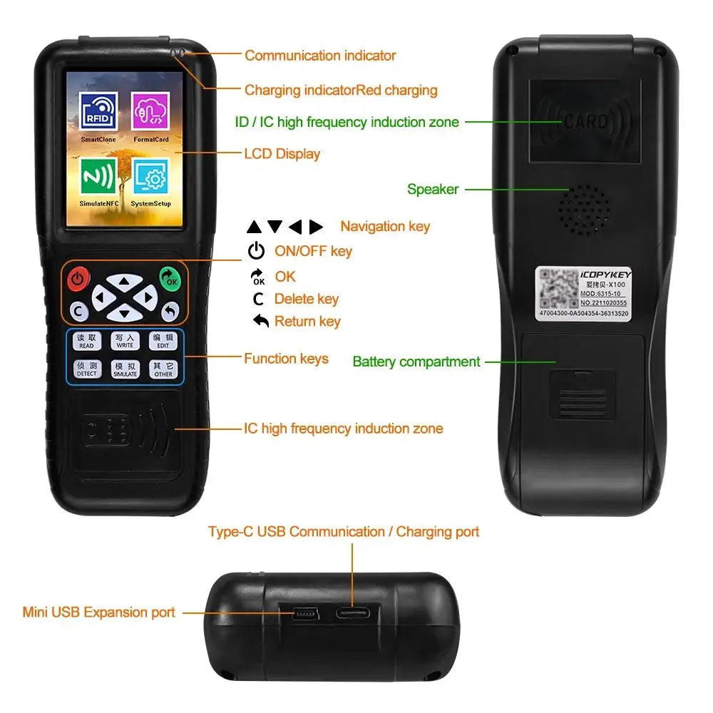 Novo leitor de cartão ICOPYKEY-X100 Leitor/gravador RFID/programador de cartão-chave/decodificador/copiador/copiador NFC/decodificador de aplicativo móvel de software livre 