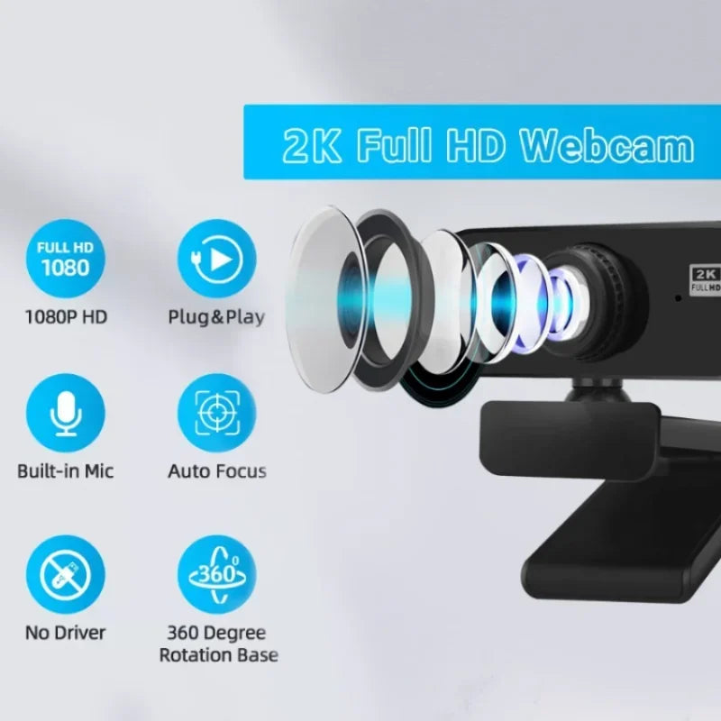 Webcam HD 2.0 rotativa de 180 graus 2K USB câmera ao vivo com microfone de redução de ruído câmera de videoconferência para reunião de escritório 