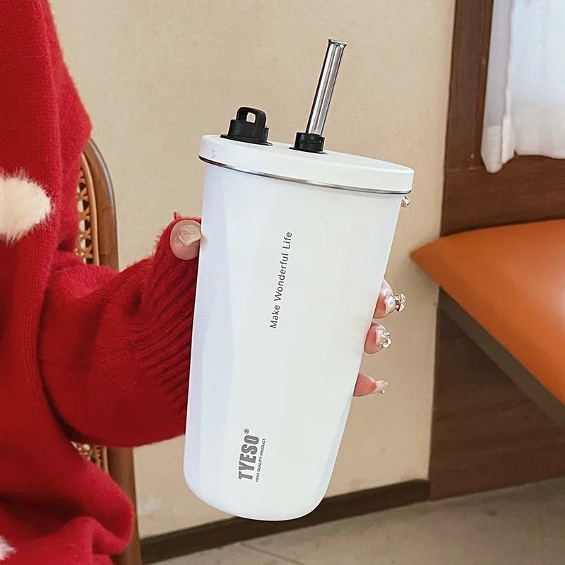 600ml Stainless Steel Vacuum Flask With Retractable Straw Leak-Proof Coffee Tea Cold Drink Bottle Car Thermos Mug Tumbler Leedoar
