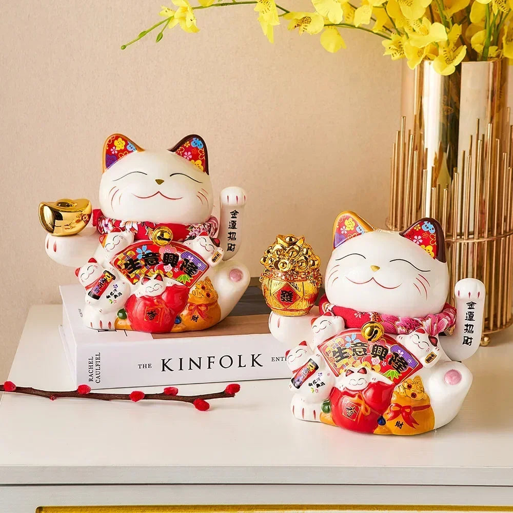 Ceramic Maneki Neko Lucky Cat Home Decor Waving Hand Cat Feng Shui Ceramic Fortune Cat Statue Kawaii Room Decor Accessories Leedoar