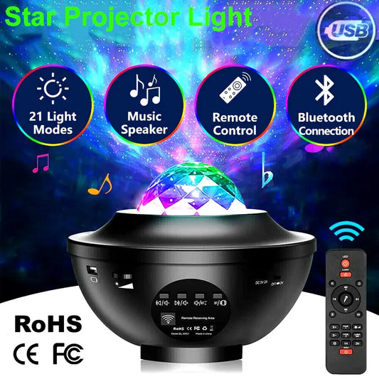 Projetor LED Star Night Light Galaxy equipamento de som Starry Night Lamp Ocean Wave Projetor com alto-falante musical Controle remoto 