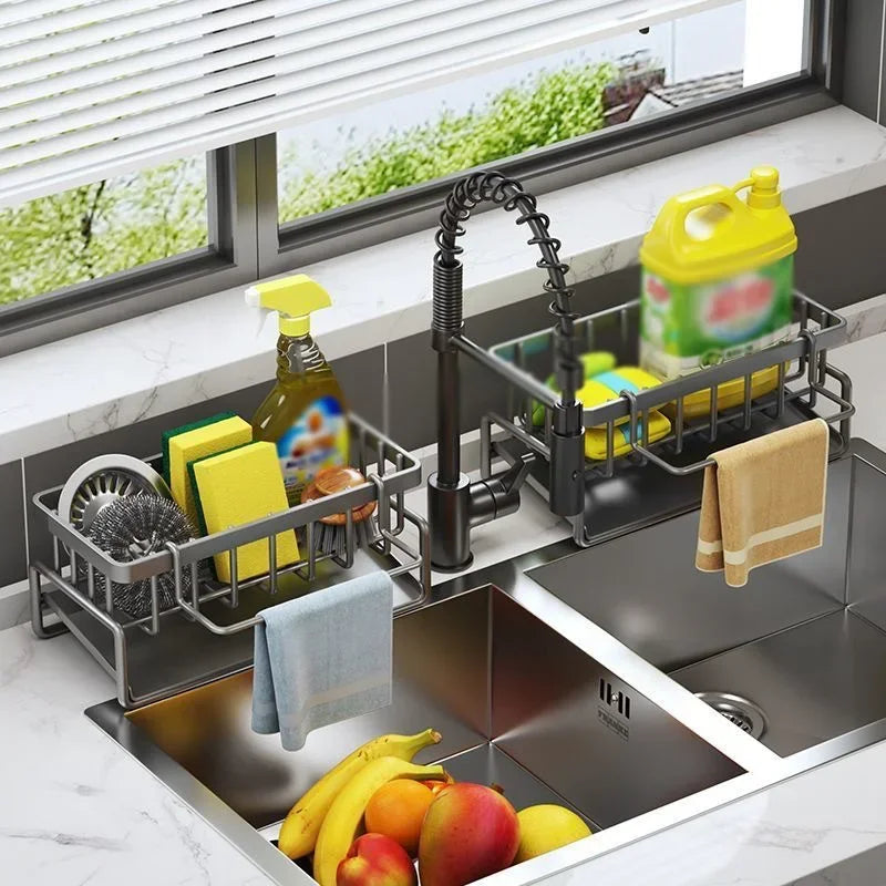 Kitchen Sink Drain Rack Organizer Stainless Steel Self-draining Sink Shelf Soap Sponge Holder Dishcloth Towel Rack filter basket Leedoar