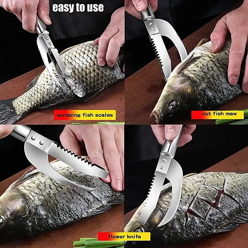 Stainless Steel 3 In 1 Fish Scale Knife Cut/Scrape/Dig Maw Knife Scale Scraper Sawtooth Peelers Scraping Boning Filleting Leedoar