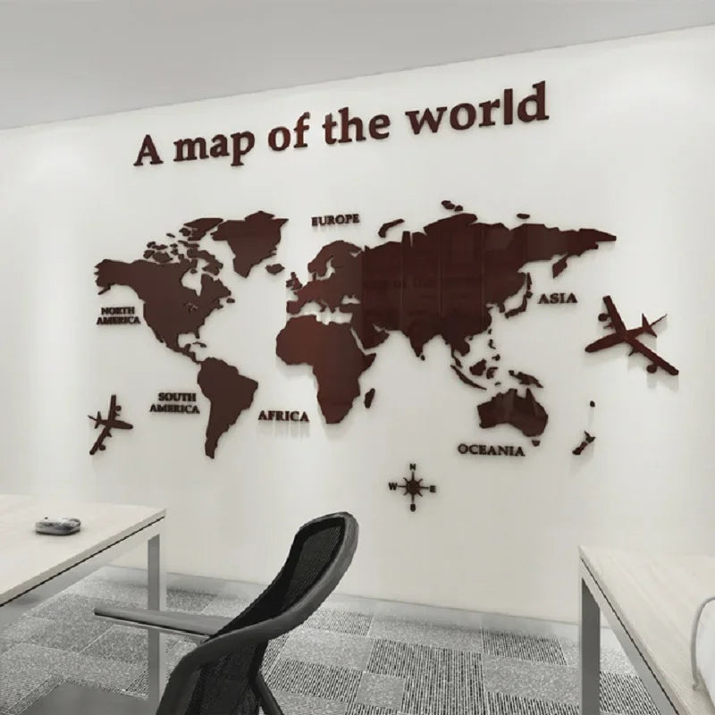 Adesivos de parede de espelho de mapa-múndi acrílico 3D, decoração de fundo de escritório tipo europeu, decoração de parede para sala de estar, quarto