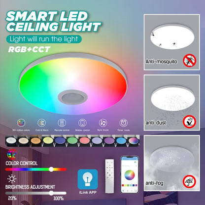 Nueva luz de techo LED RGB colorida con atenuación inteligente por aplicación, luz de tres defensas, luz de ambiente musical con Bluetooth 