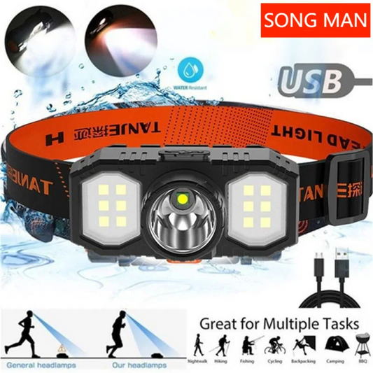 Linterna frontal COB de luz potente y superbrillante para montar en la cabeza, luz de pesca nocturna recargable para exteriores 