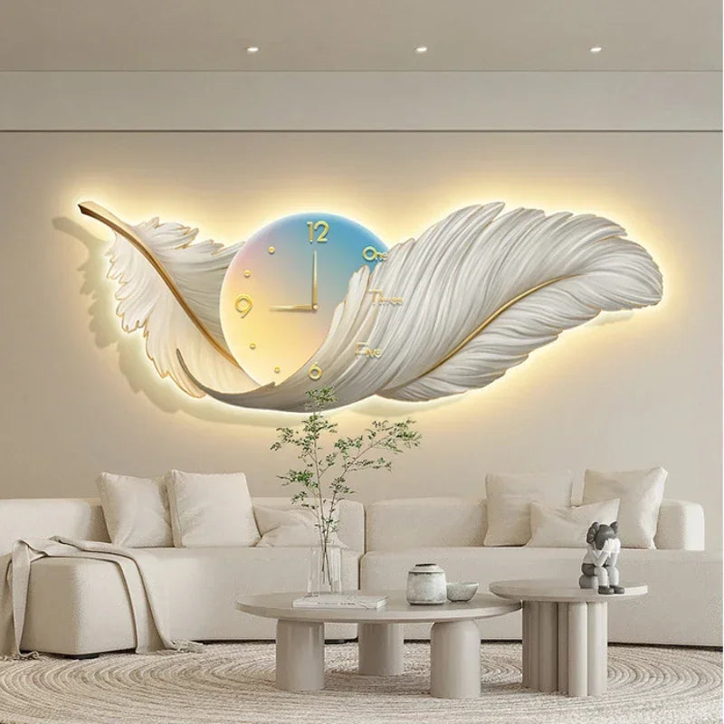 Decoração de sala de estar de penas de luxo moderno, pintura de relógio, pintura de luz LED, cabeceira de cama, escultura, decoração, pintura mural 