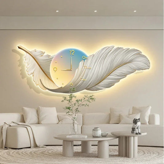 Reloj de pintura decorativa de lujo moderno con plumas para sala de estar, escultura de cabecera con luz LED, pintura mural decorativa 