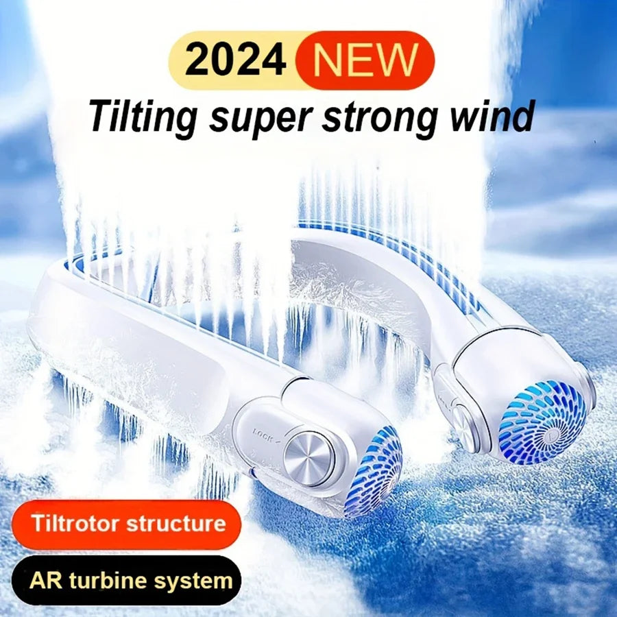 Ventilador de cuello portátil, nuevo modelo 2024, aire acondicionado portátil, recargable, sin aspas, con direcciones de viento ajustables a 45° para exteriores 