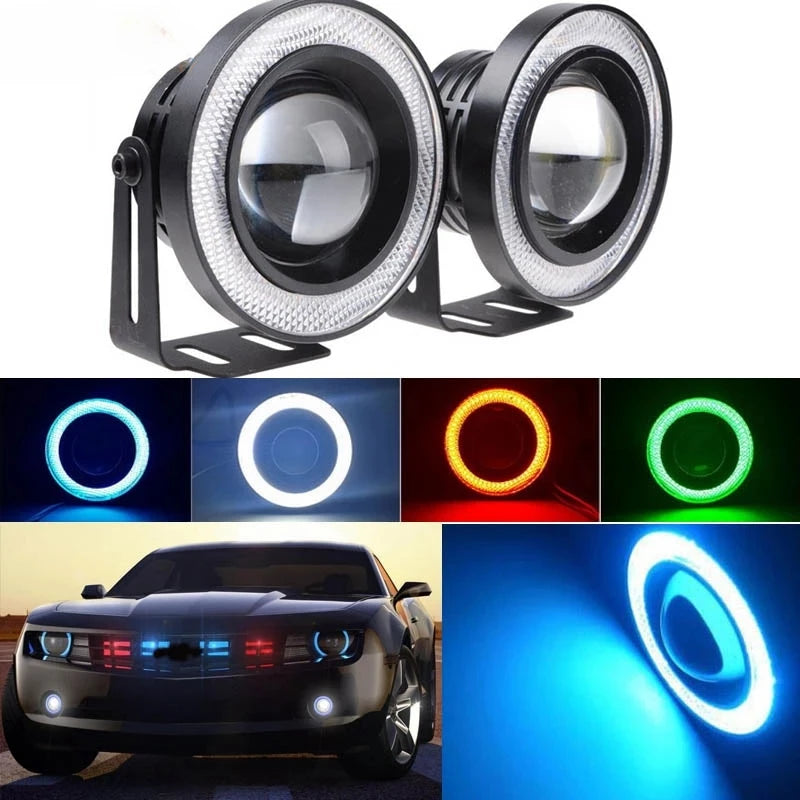 2Pcs Universal Angel Eyes Led Fog Lamp COB DRL Led Mile Lenses Headlight Auto Driving Tuning Signal Daytime Running Light Kit Leedoar