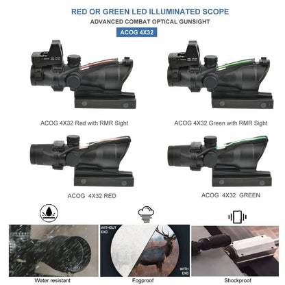 Tactical Optical Sight Hunting Sight 4X32 with RMR Real Fiber Red Green Dot Illumination Herringbone Glass Etched Reticles Leedoar