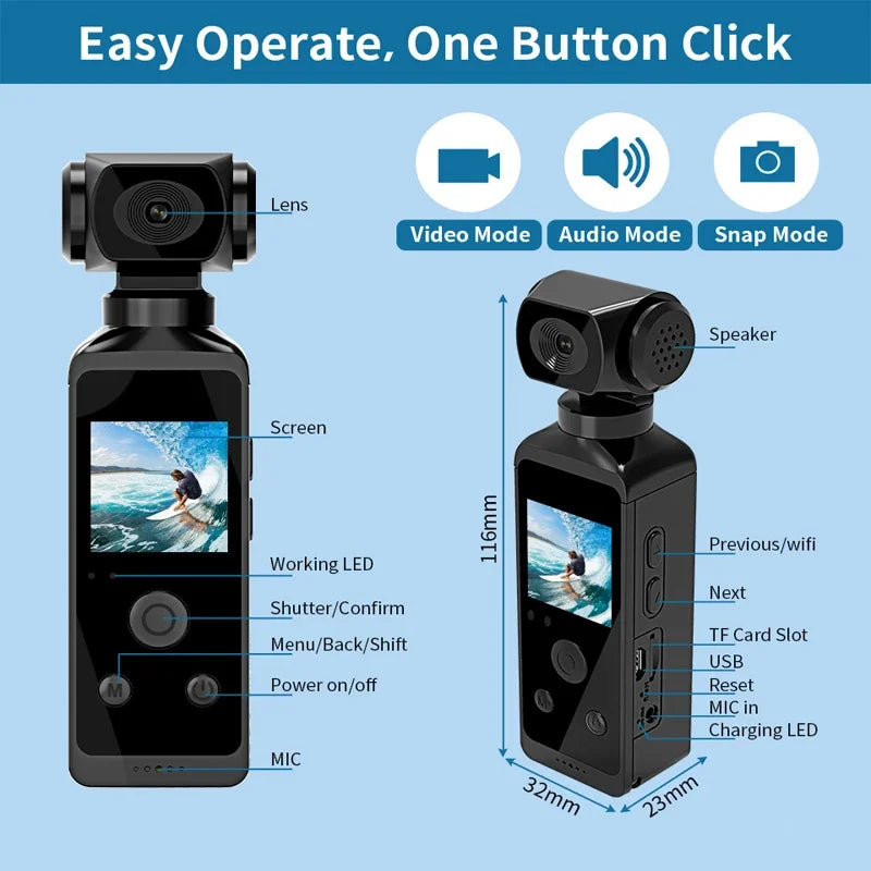 4K HD Pocket Action Camera 270° Rotatable Wifi Mini Sports Camera with Waterproof Case for Helmet Travel Bicycle Driver Recorder Leedoar