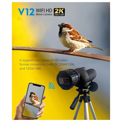 Cámara de espejo HD de 2K y 4 MP V12 con wifi, oculares ópticos electrónicos, telescopios para observación de aves, compatible con 2 teléfonos 