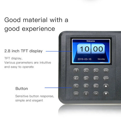 Máquina de asistencia A8 con contraseña y huella dactilar, pantalla a color de 2,8 pulgadas, configuración directa, sin necesidad de descargar software, informe de exportación de disco U