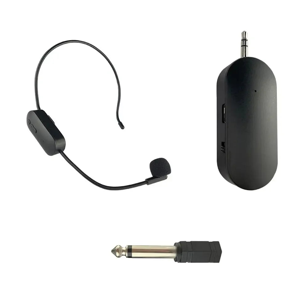 Conjunto de microfone de lapela sem fio 2.4G montado na cabeça, transmissor com receptor para amplificador, alto-falante de voz, guia de ensino