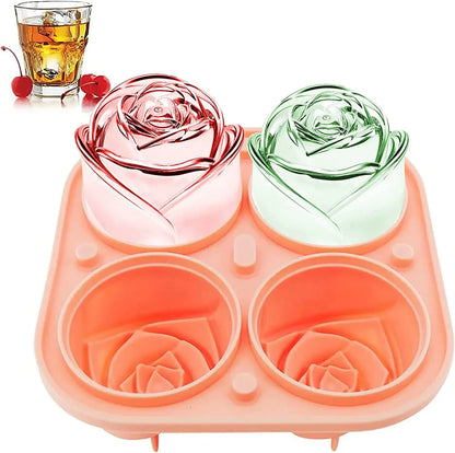 3D Silicone Rose Ice Maker Mold Large Ice Cube Tray Four Rose Shaped Cubes Rubber Fun Ice Hockey Machine Kitchen Supplies Leedoar