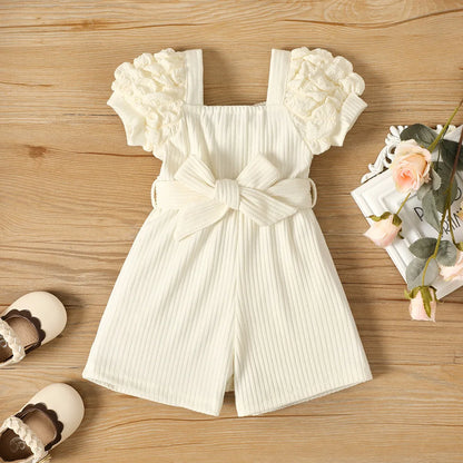 Summer Small Square Neck Puff Sleeve Belt Jumpsuit For Baby Girls Leedoar