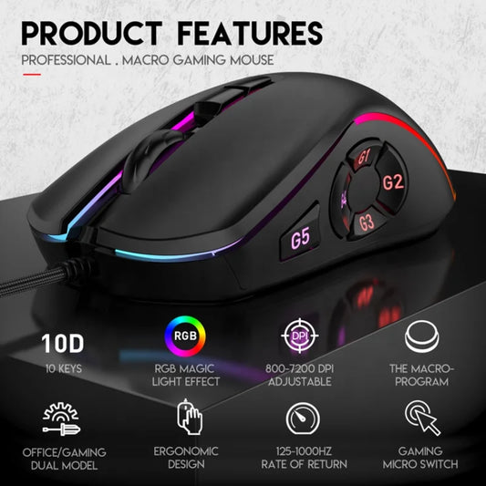 Wired Gaming Office Mouse 7200DPI RGB Backlit Mouse 6 Adjustable DPI Levels/10 Programmable Buttons/Back to Desktop Button Mouse