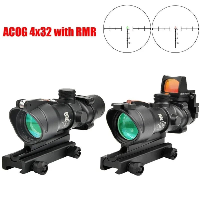 Tactical Optical Sight Hunting Sight 4X32 with RMR Real Fiber Red Green Dot Illumination Herringbone Glass Etched Reticles Leedoar