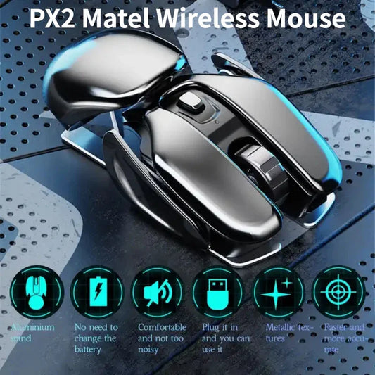 2024 Novo PX2 2.4G Recarregável Mudo 1600DPI Mouse de Computador 6 Botões À Prova D'Água Silencioso Clique Metal Mouse Sem Fio para Jogos 