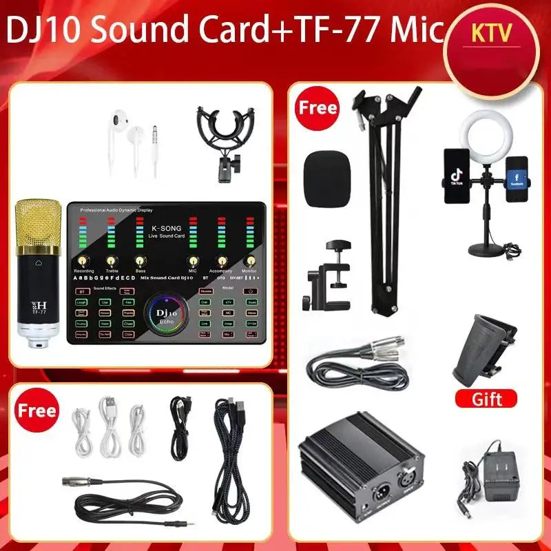 48V DJ10 Sound Card BM 800 Microphone Bluetooth Wireless Karaoke with Live Streaming for PC Phone Singing Gaming Youtube TikTok Leedoar