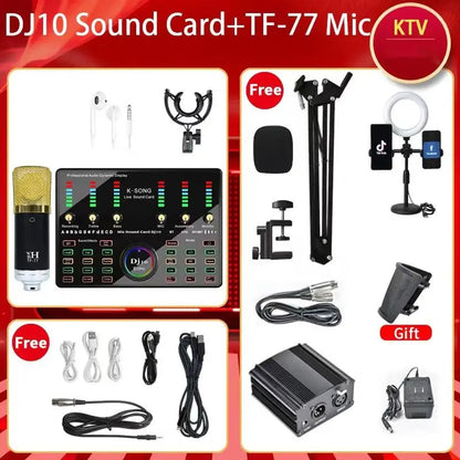 48V DJ10 Sound Card BM 800 Microphone Bluetooth Wireless Karaoke with Live Streaming for PC Phone Singing Gaming Youtube TikTok Leedoar