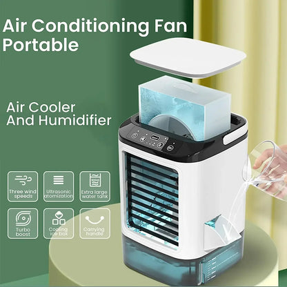 Air Conditioner Portable Fan Desktop Dual Spray Ultrasonic Atomization 3-Speed Mute Air Cooler Night Light Electric Fan for Home Leedoar