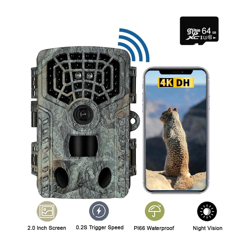 Câmera de caça 4K HD WIFI Câmera de trilha de vida selvagem com baixo brilho Arction 48MP IP65 Armadilha fotográfica externa à prova d'água com visão noturna