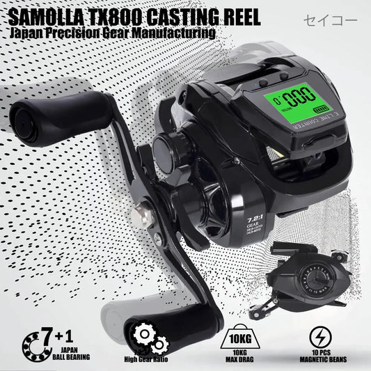 Novo 7.2:1 10kg Saltwater Waterproof Cast Drum com tela grande LED Electronic Bait Fishing Reel fundição de alta velocidade 