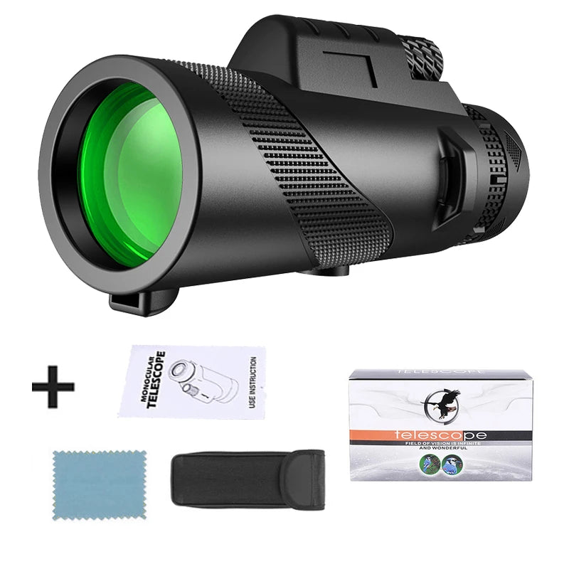 Telescópio monocular hd 80x100, telescópio de longo alcance com zoom bak4 prisma com tripé, clipe para telefone, caça, acampamento, observação de pássaros, caminhadas 