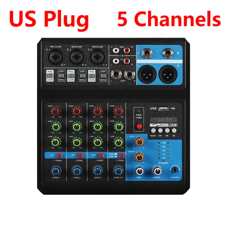 5 Channel Sound Mixer Table Audio Professional Portable Digital Console Computer Recording DJ Controller Processor USB Bluetooth Leedoar