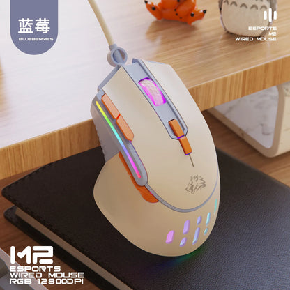 Mouse de jogo com fio M2 adequado para laptop, desktop, jogos de escritório, 12800 DPI, definição de macro, personalização, mouse luminoso RGB 