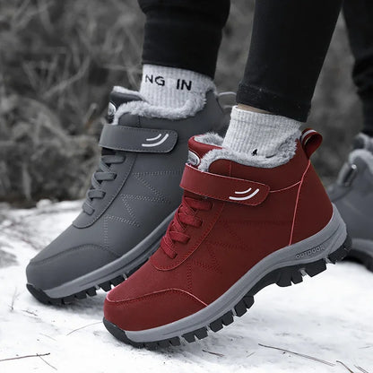 2023 Winter Women Men Boots Waterproof Leather Sneakers Men Ankle Boots Outdoor Not Slip Plush Warm Snow Hiking Boots Man Shoes Leedoar