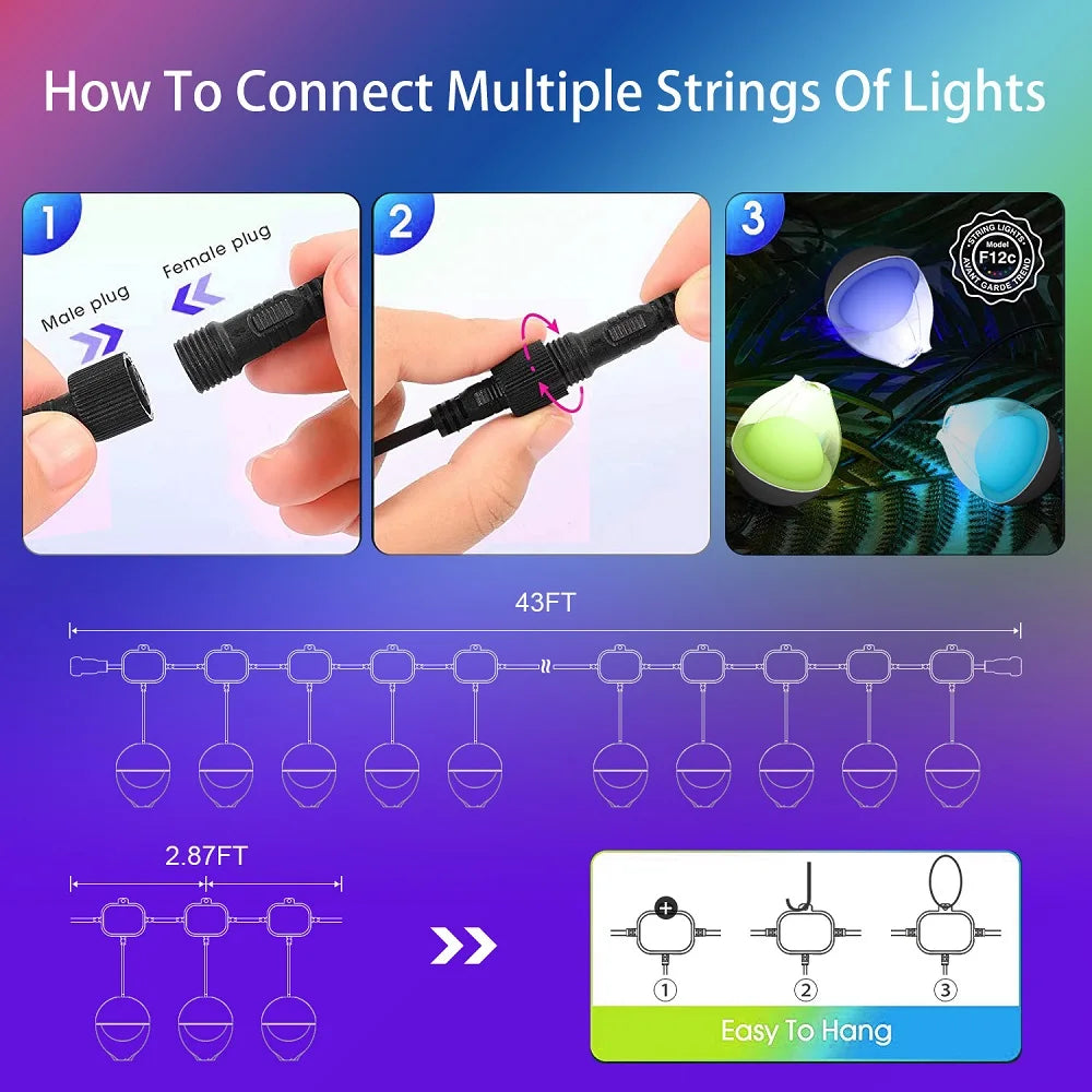 10m/20m RGB Smart LED Light String Outdoor Music Bluetooth WIFI Luminárias decorativas Festa de Natal Decorações de jardim