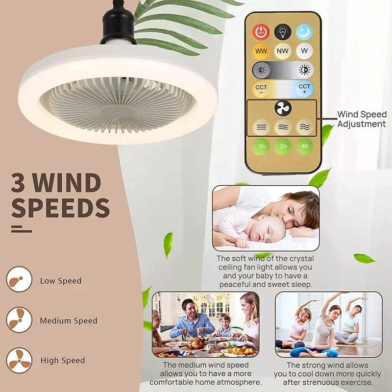 Lámpara de ventilador LED inteligente, pequeña lámpara de ventilador con tornillo E27, lámpara de ventilador con control remoto, lámpara de decoración del hogar, dormitorio, sala de estar, decoración silenciosa 