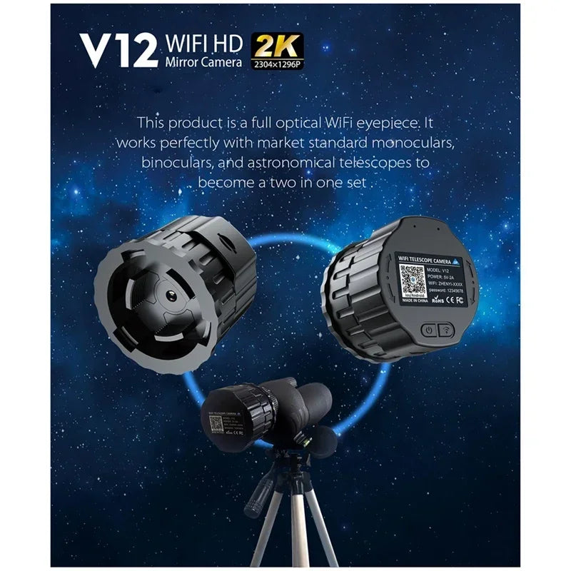 Cámara de espejo HD de 2K y 4 MP V12 con wifi, oculares ópticos electrónicos, telescopios para observación de aves, compatible con 2 teléfonos 