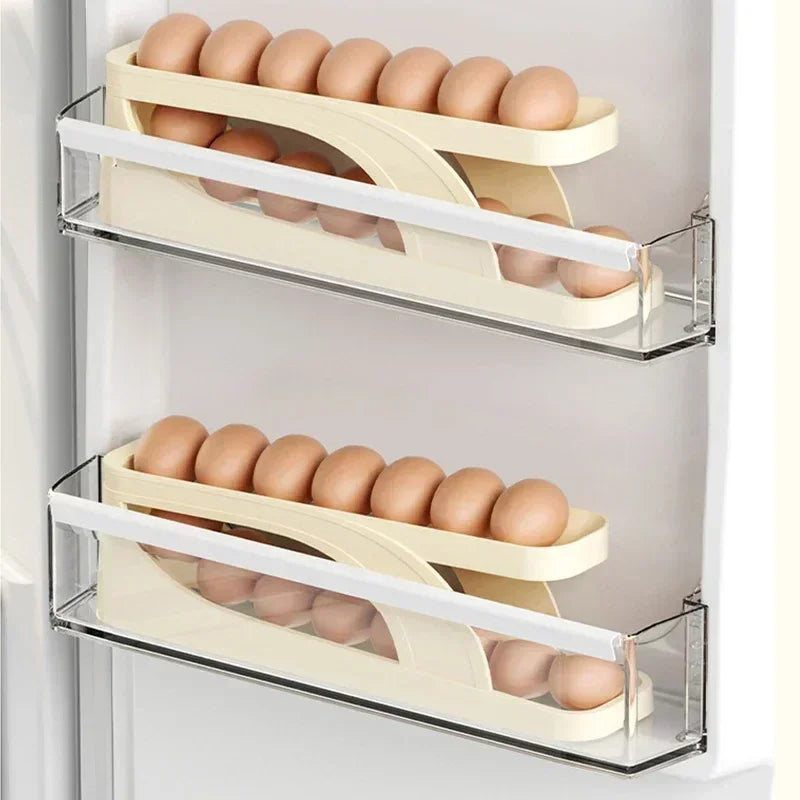 2pcs Automatic Scrolling Egg Rack Holder Storage Box Egg Basket Container Organizer Rolldown Refrigerator Egg Dispenser Kitchen Leedoar