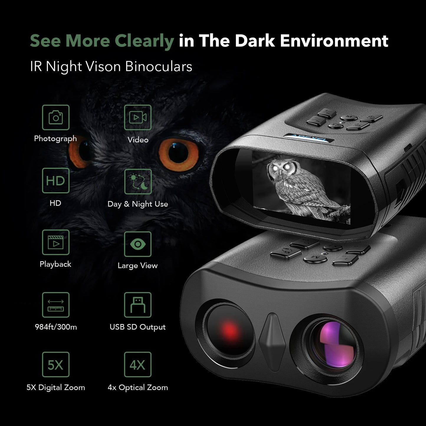 Dispositivo binocular de visión nocturna por infrarrojos 4K, telescopio de caza con zoom digital 4X, gafas de uso dual para día y noche, batería recargable de 3000 mAh 