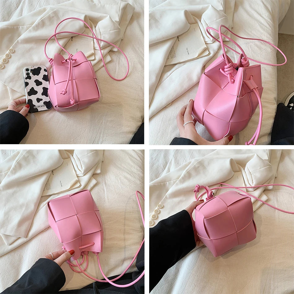 Bolsos de cubo de cuero de PU suave y pequeño con tejido de moda para mujer, bolso cruzado de diseñador, bolsos y carteras de lujo para dama 