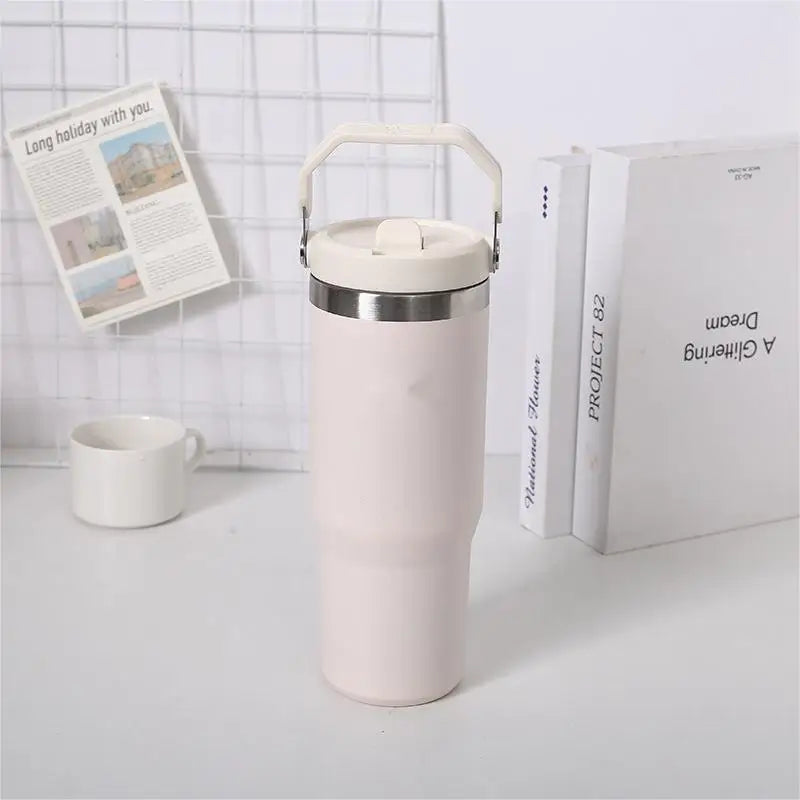 Vaso con pajita de 30 oz/887 ml, termo de acero inoxidable con tapa de pajita, taza para coche, asa de vacío, sello aislante 