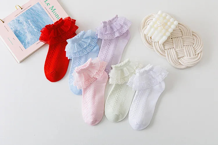 5 Pairs/Lot Girls Socks Summer New Mesh Style Cotton Thin Baby Socks Trendy Elastic White Lace Flowers Children Princess Socks Leedoar