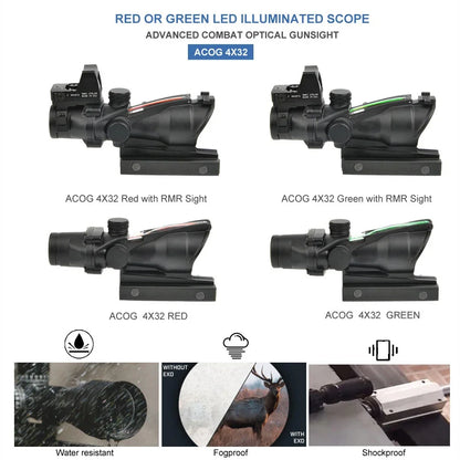 4X32 With RMR Real Fiber Optics Red Green Dot Illuminated Chevron Glass Etched Reticle Tactical Optical Scope Hunting Sight Leedoar