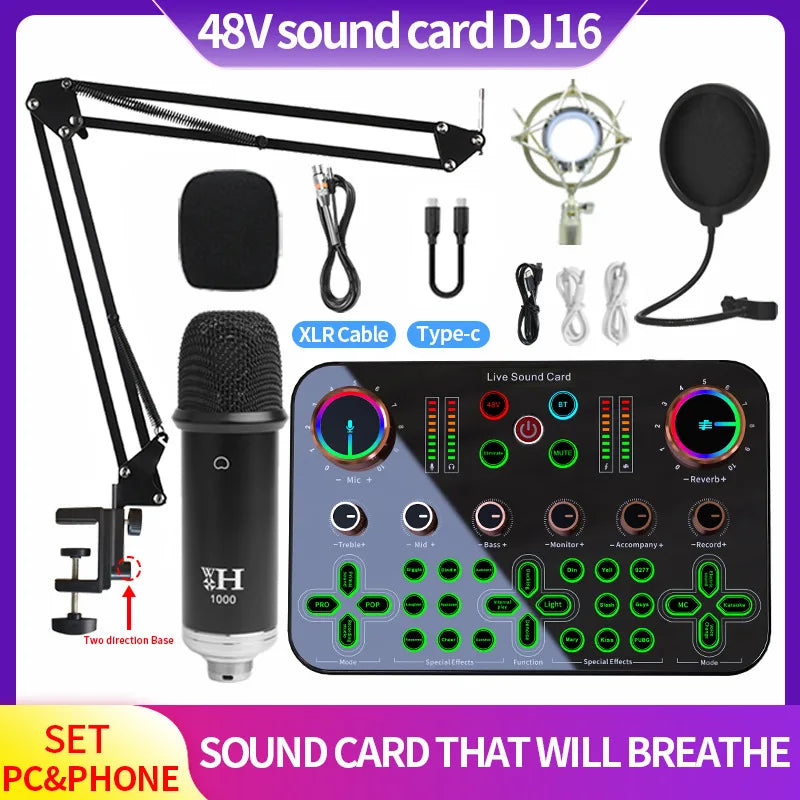 48V DJ16 Sound Card BM 800 Microphone Bluetooth Wireless Karaoke with Live Streaming for PC Phone Singing Games Youtube TikTok Leedoar