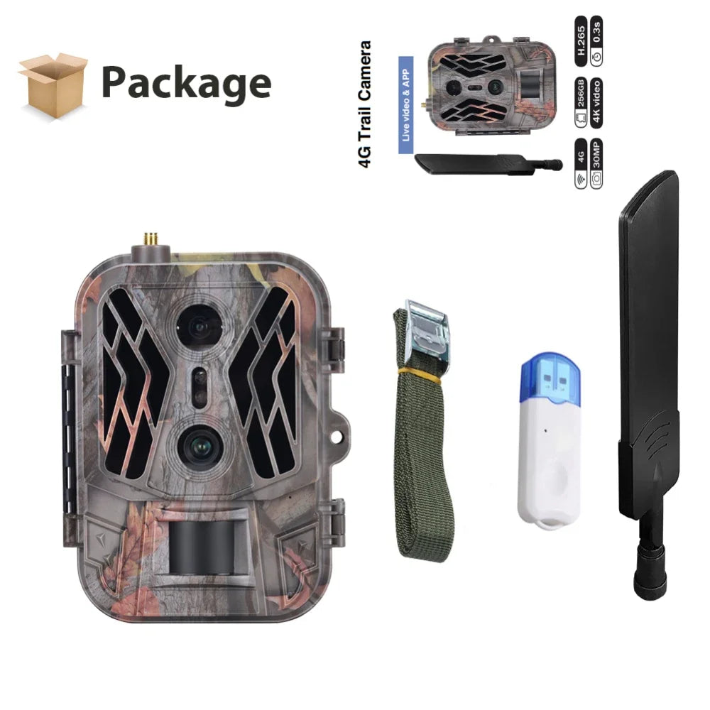 4G HD Live Show Night Vision Trap Game Camera Cellulare Dual Lens Wildlife Hunting Trail Camera with TF Card 36MP 4K Video Leedoar