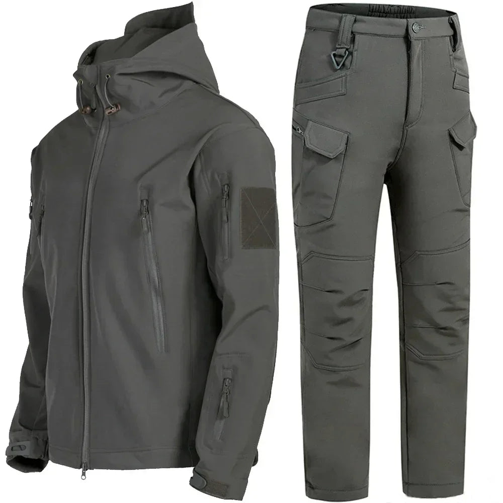 Conjunto táctico de invierno para hombre, traje militar para exteriores, resistente al viento, impermeable, chaquetas con capucha y múltiples bolsillos de caparazón blando, pantalones de trabajo de piel de tiburón 